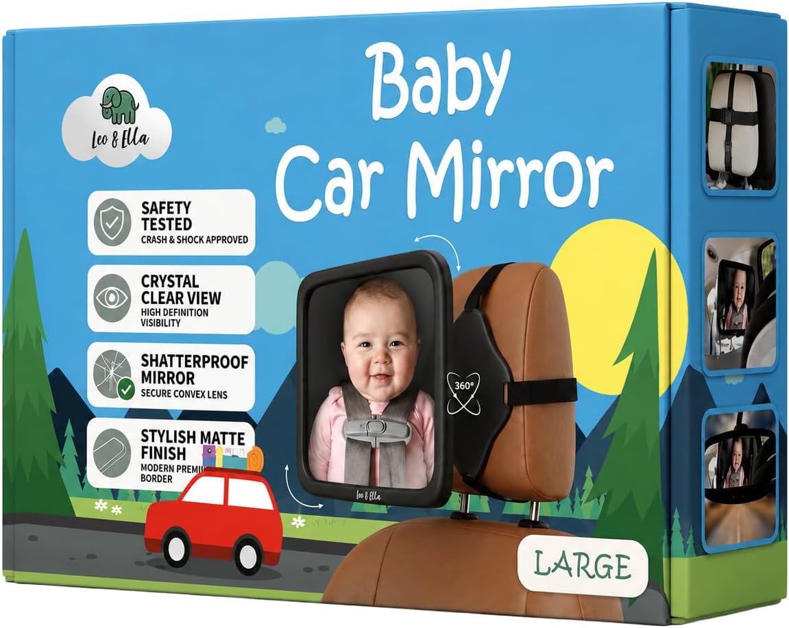 Leo&Ella Extra Large Car Mirror for Baby in Rear Facing Car Seat, Wide Crystal Clear View, 360° Adjustable Mount, Crash Tested and 100% Shatterproof, Fully Assembled