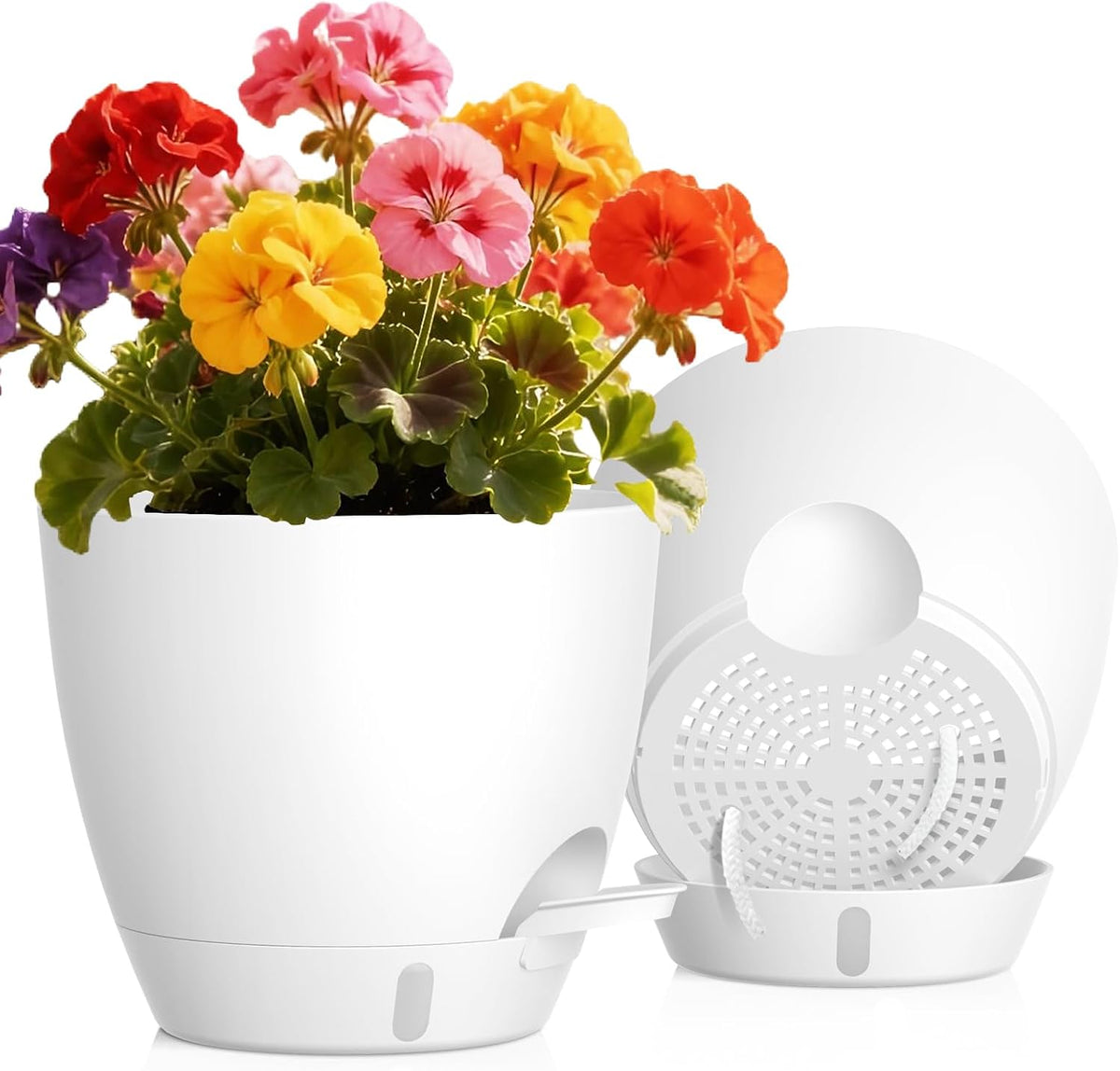 Self Watering Pots with Drainage Holes, 2 Pack 8 Inch Plant Pots with Water Level Indicator Deep Reservoir, Large Plastic Planter for Indoor Outdoor Plants - White