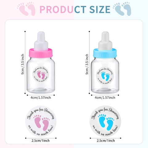 Tondiamo 48 Pcs Blue Pink Baby Shower Mini Bottle Favors 1. 5 x 3. 5 Inch Baby Shower Candy Jar Mini Milk Bottle Party Favor Fillable Gift Boxes for Birthday Party Decorations