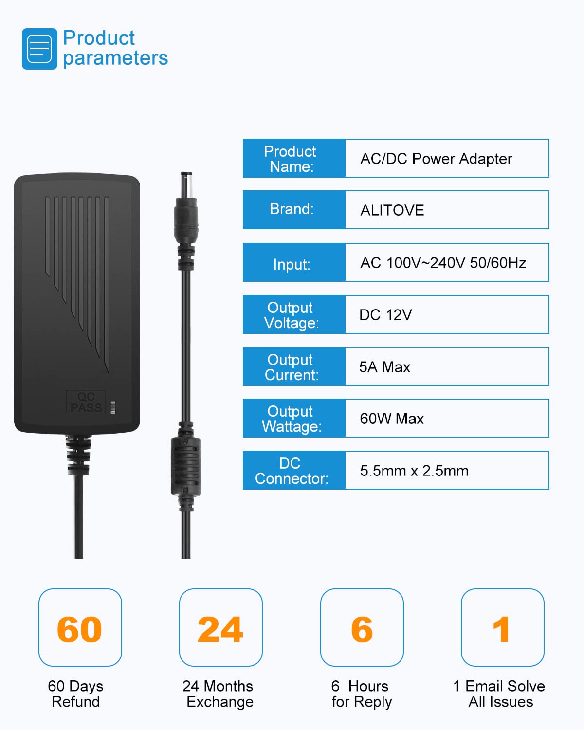 ALITOVE DC 12V 5A Power Supply Adapter Converter Transformer 60W AC 100-240V Input with 5.5x2.5mm DC Output Jack for 5050 3528 LED Strip Module Light