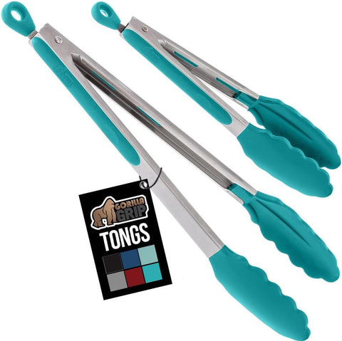 GORILLA GRIP Stainless Steel Kitchen Tongs for Cooking, 2 PK, Turquoise