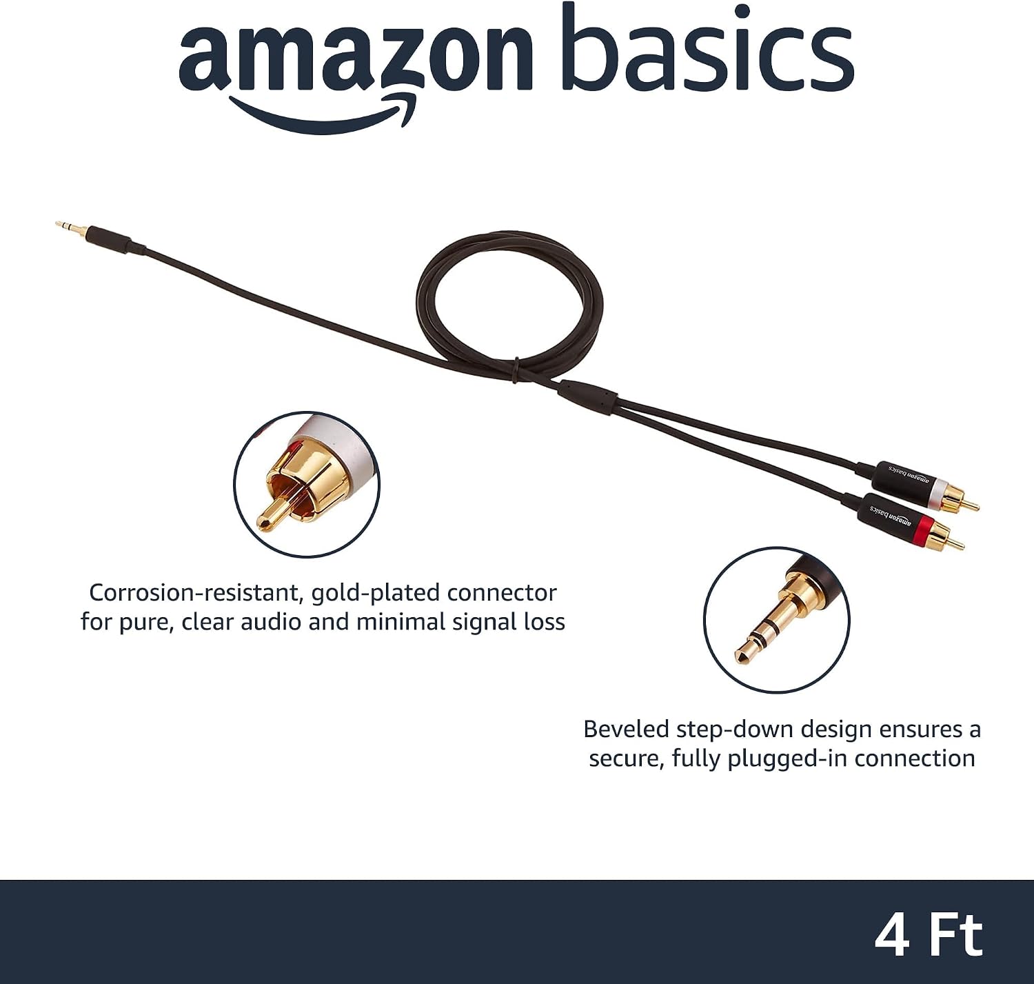 Amazon Basics 3.5mm Stereo Aux to 2 RCA Audio Cable Adapter for Sound, Connecting Amplifiers, Speakers, Smartphone, Tablet with Gold-Plated Plugs, 4 Feet/1.2 m, Black