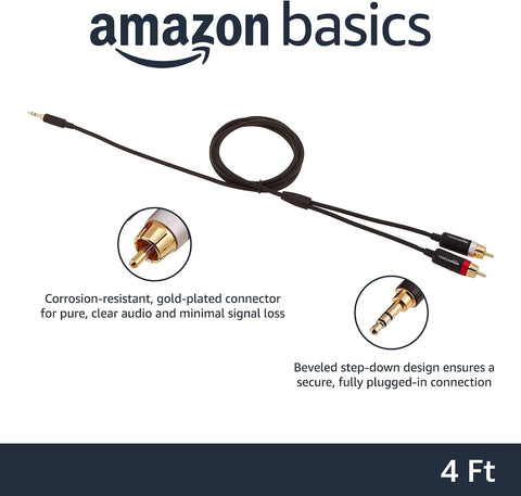 Amazon Basics 3.5mm Stereo Aux to 2 RCA Audio Cable Adapter for Sound, Connecting Amplifiers, Speakers, Smartphone, Tablet with Gold-Plated Plugs, 4 Feet/1.2 m, Black