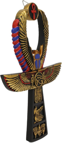 Ebros Crux Ansata Egyptian Golden Ankh With Winged Scarab Maat And Eye Of Horus Wedjat Wall Decor 3D Plaque Figurine 8" High New Age Hieroglyphs Symbol of Life Health And Balance Decorative Accent