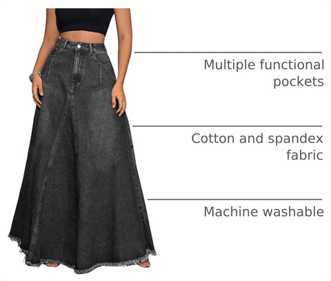 ebossy Women's Retro Distressed High Waist Frayed Hem A Line Wash Maxi Long Denim Skirt with Pockets