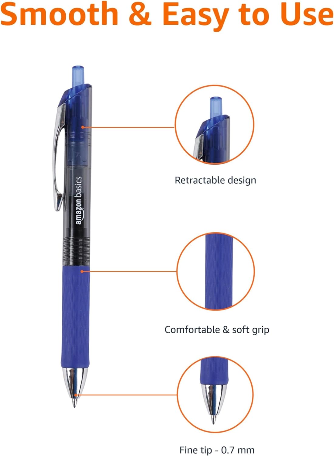 Amazon Basics Retractable Gel Pens, Fine Point 0.7mm, Smooth Writing, No-Smear Ink, Blue, 12-Pack
