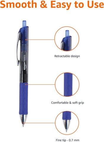 Amazon Basics Retractable Gel Pens, Fine Point 0.7mm, Smooth Writing, No-Smear Ink, Blue, 12-Pack
