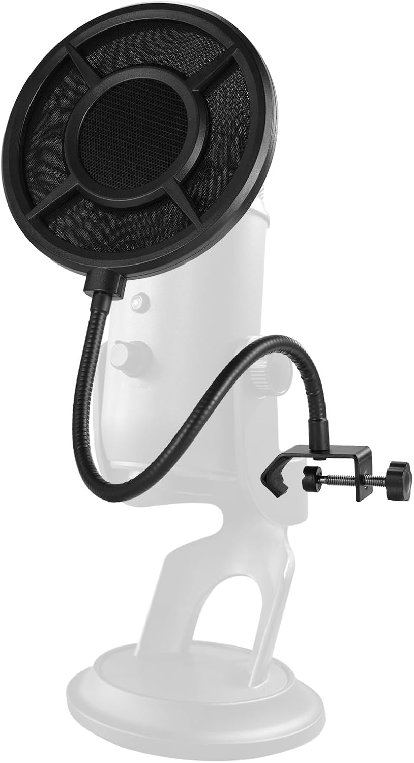 Neewer Professional Microphone Pop Filter Shield Compatible with Blue Yeti and Any Other Microphone, Dual Layered Wind Pop Screen With A Flexible 360 Degree Gooseneck Clip Stabilizing Arm