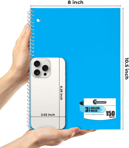 Rosmonde 36 Pack 3 Subject Spiral Notebook College Ruled Bulk, 150 Sheets