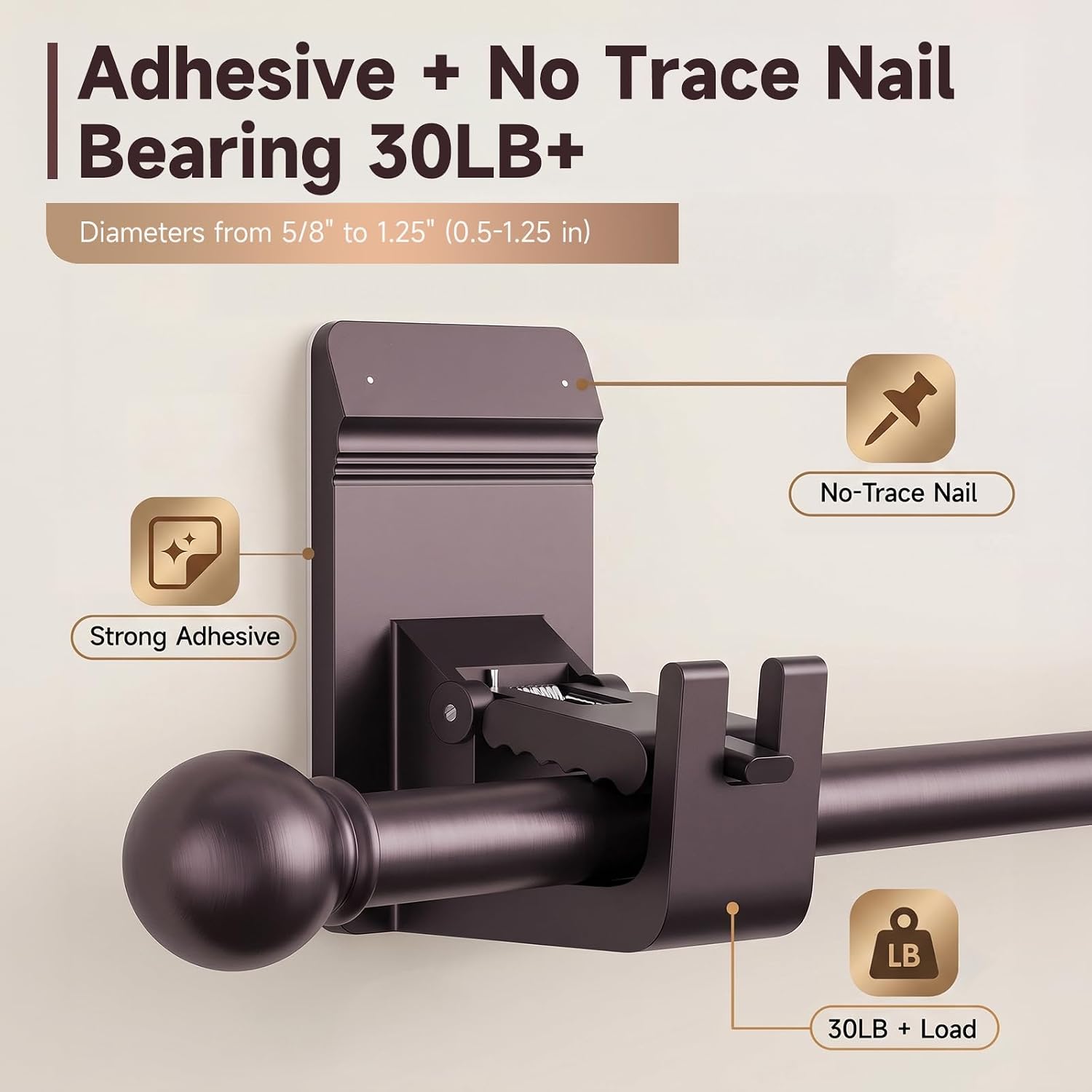 Heavy Duty Curtain Rod Brackets, No Drill Curtain Rod Brackets with Adhesive & Invisible Nail, 30+LB Load Curtain Rod Holders, Damage Free Curtain Rod Hooks for Wall, Bathroom, Kitchen 4PC Bronze