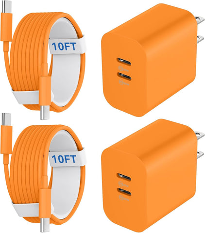 20W Dual Port USB C Charger Block for iPhone 17 16 15 Pro Max Charger Fast Charging with 10FT Long USB C to C Charging Cable Cord for iPhone 17 16 15 Pro Max/17 16 15Pro/15, Android Phone-Orange