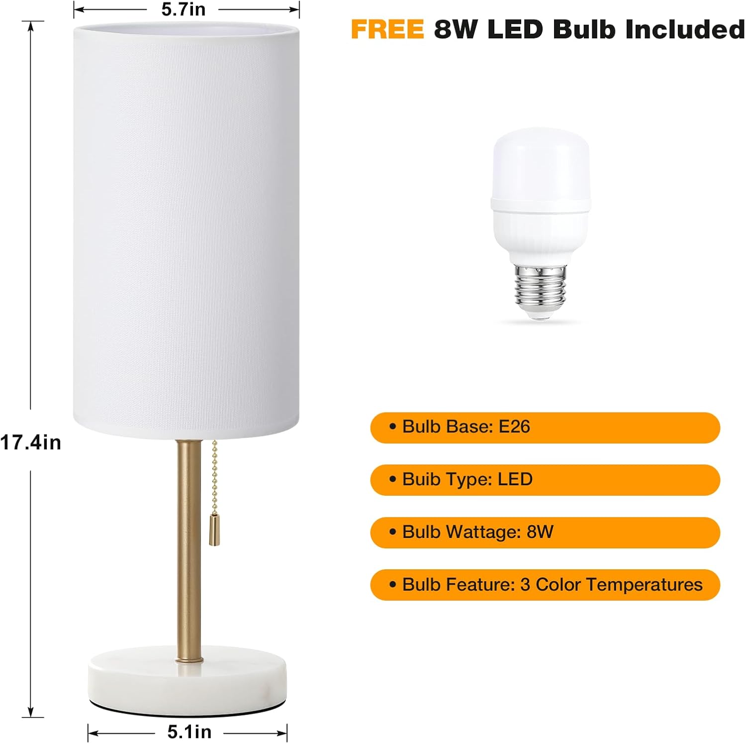 Dicoool 17" Bedside Table Lamp for Bedroom, Marble Desk Lamp with USB Ports