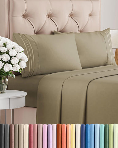 Queen Size 4 Piece Sheet Set - Comfy Breathable & Cooling Sheets - Khaki