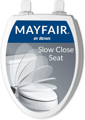 Mayfair Cassel slow close toilet seat, easy clean non-slip premium wood seat, install, made in USA, elongated, white