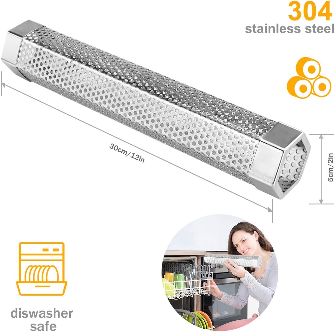 2 Pack 12'' Stainless Steel Pellet Smoker Tube, with Brush and Hooks