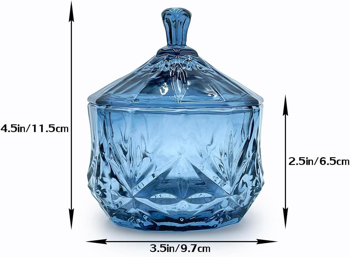 8oz Glass Candy Dish with Non-Airtight Lid,Small Crystal Candy Jar for Office Desk,Cotton Round Holder,Office,Bathroom,Dining Room Organizer (Gray Blue)