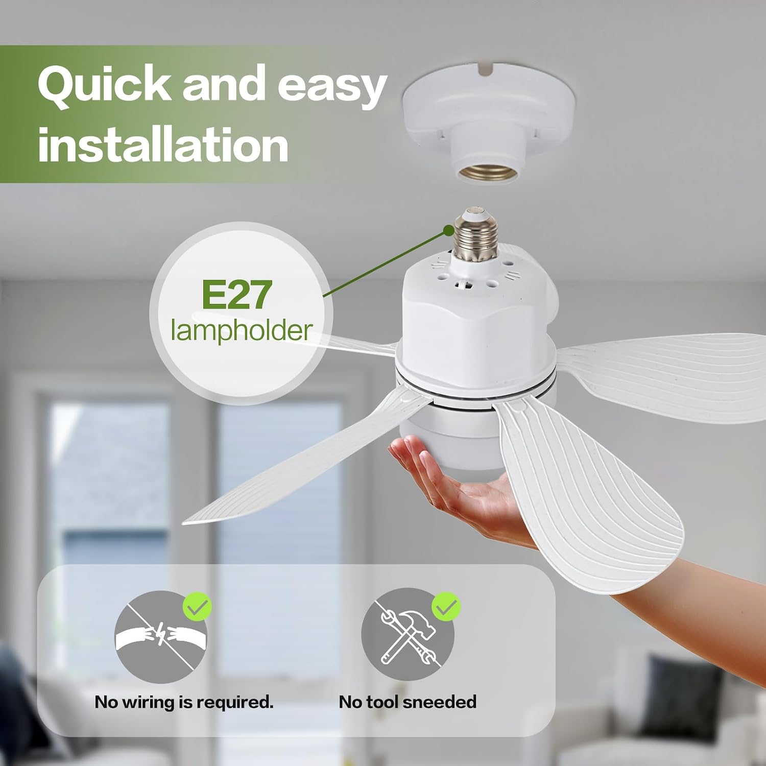Socket Fan Light with Remote Control, Portable Small Ceiling Fan with Lights for Bedroom, Kitchen, Living Room, with Dimming Function, 1000 Lumens, Screws into E26/E27, 16.54 Inches Diameter