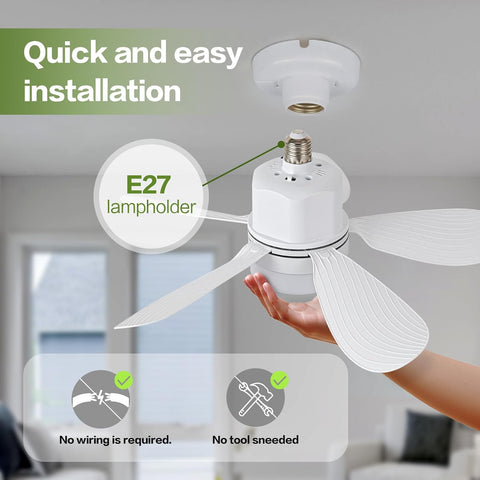 Socket Fan Light with Remote Control, Portable Small Ceiling Fan with Lights for Bedroom, Kitchen, Living Room, with Dimming Function, 1000 Lumens, Screws into E26/E27, 16.54 Inches Diameter