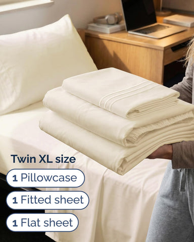 Twin XL 3 Piece Sheet Set - College Dorm Room Essentials - Off White