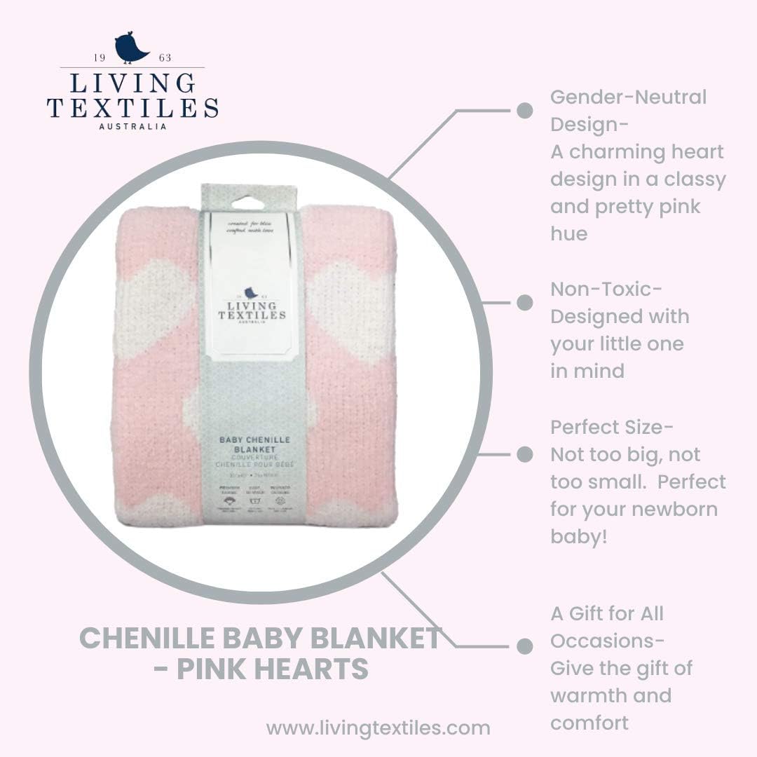 Living Textiles Pink Hearts Chenille Girl Baby Blanket Soft & Reversible