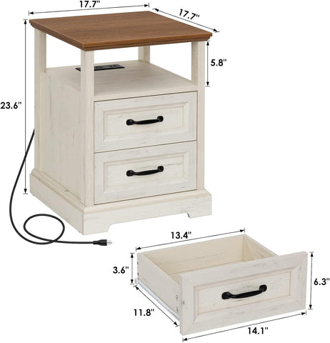 HOMMPA 18'' W Farmhouse Nightstand with Charging Station, Bedside Tables with Open Shelf, 2 Drawers End Table Dresser Side Table, Wood Night Stand for Bedroom, Rustic White