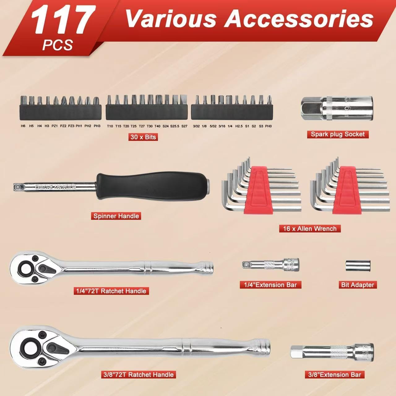 Egofine 117 Pieces 1/4 & 3/8 inch Drive Socket Ratchet Wrench Set, Metric/SAE Size, with Bit Socket Set and Extension Bar for Auto Repairing and Household, with Storage Case