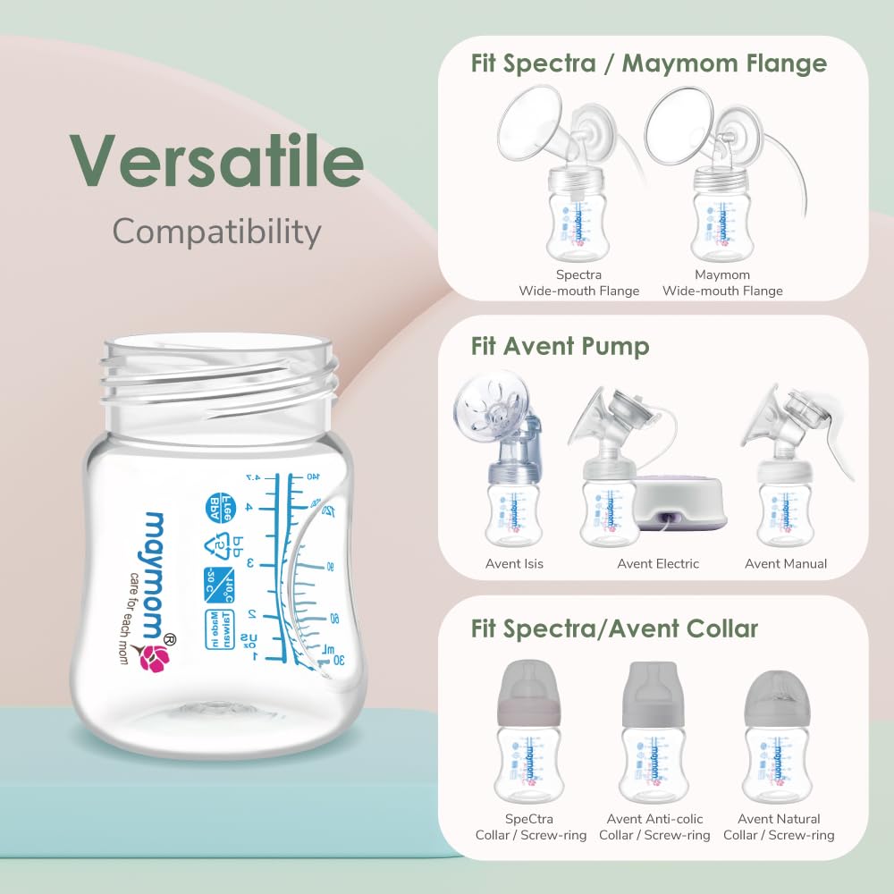 Maymom Wide-Mouth Milk Storage Collection Bottle with SureSeal Sealing Disk; Compatible with Spectra/Motif Luna/Ameda MYA/Bellababy Pumps. Can Replace Spectra S1 S2 Bottles, 6 pc (4.7Oz/140mL, 6pc)