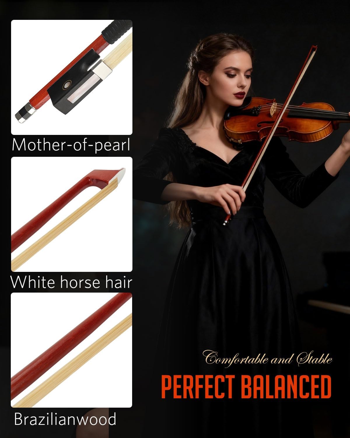 LMS Violin Bow Full Size 3/4 Brazilwood Violin Bows Lightweight Bow Well Balance Fiddle Bow Made with Ebony Frog Mongolian White Horse Hair for Violin Student Professional (3/4)