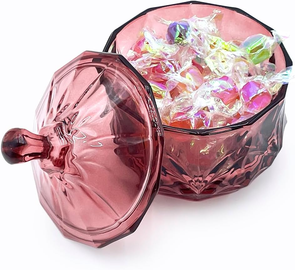 Glass Candy Cookie Jar,Small Crystal Chrismas Candy Dish with Lid,Dark Feminine Decor,Vanity Bathroom Organizer(Magenta)