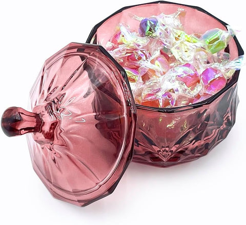 Glass Candy Cookie Jar,Small Crystal Chrismas Candy Dish with Lid,Dark Feminine Decor,Vanity Bathroom Organizer(Magenta)