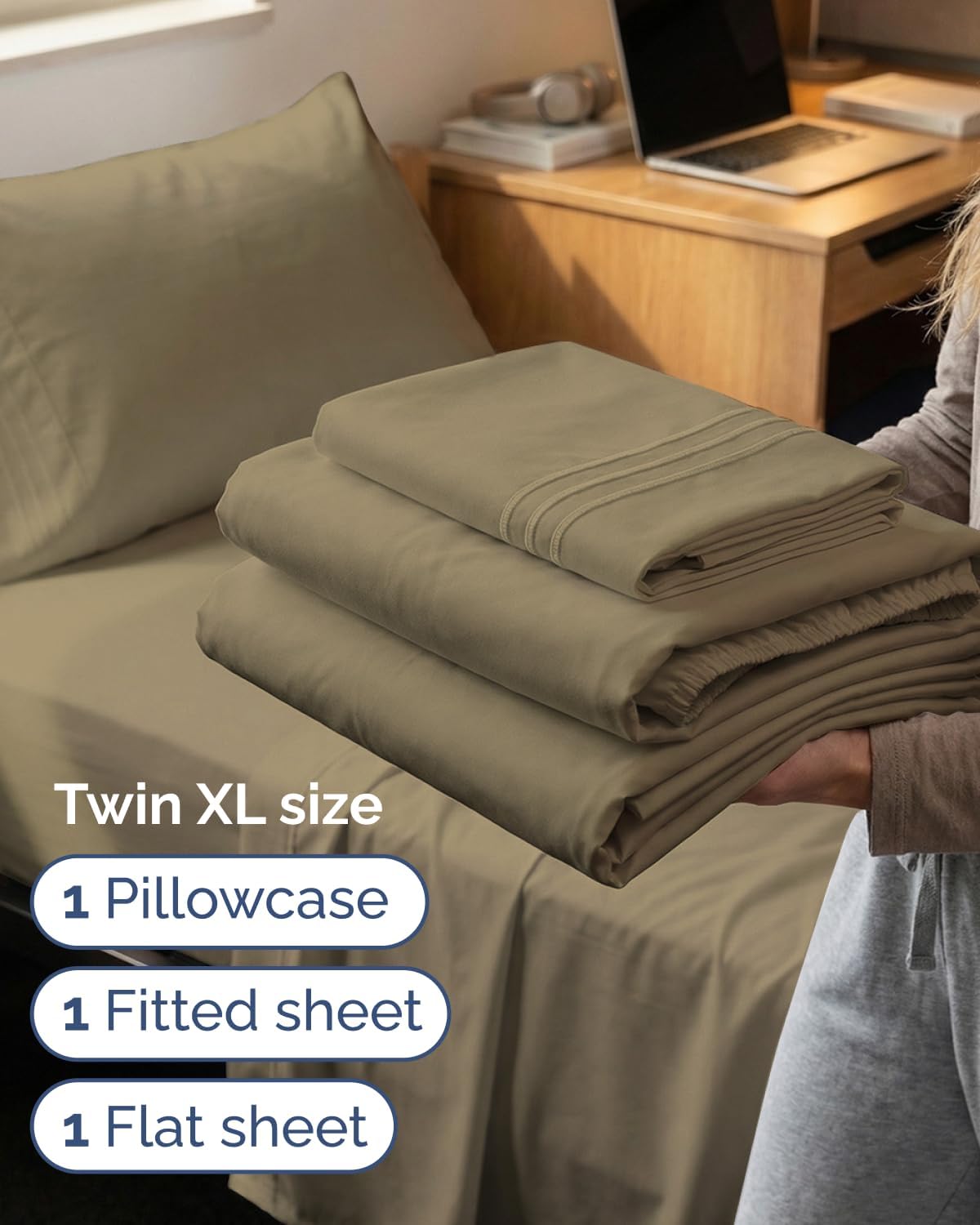 Twin XL 3 Piece Sheet Set - College Dorm Room Essentials - Khaki