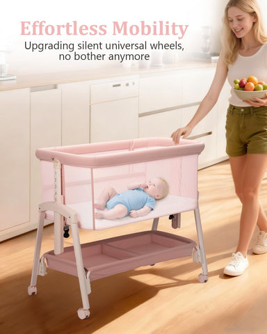 3 in 1 Baby Bassinet with Wheels, Bedside Bassinet Sleeper for Newborn, Portable Baby Crib with 7 Adjustable Height & Large Storage Basket & Full-Mesh, Easy Folding Baby Bed for Infant (Pink)
