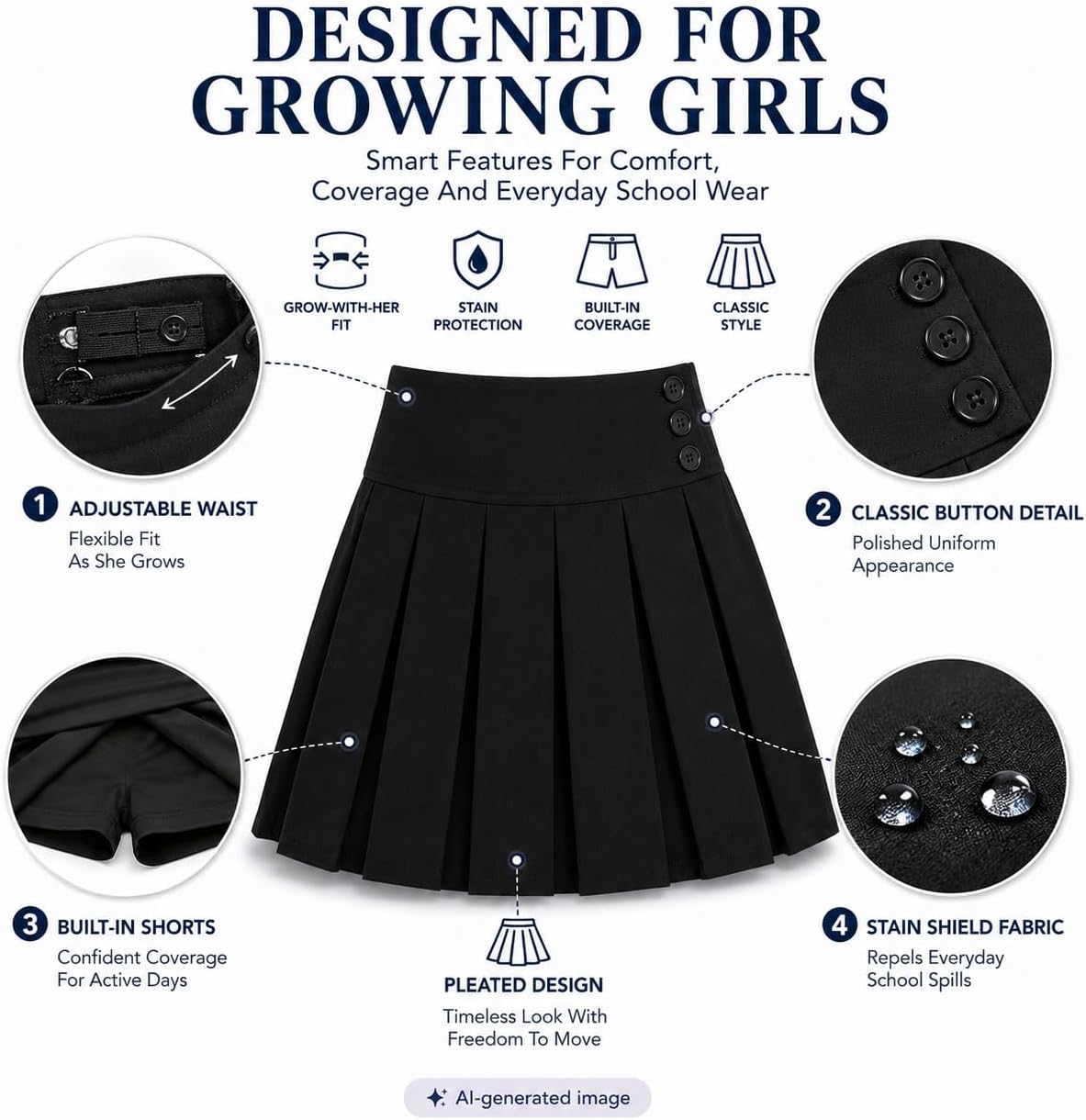 Bienzoe Girl School Uniform Skirt: Plain Pleated Skort