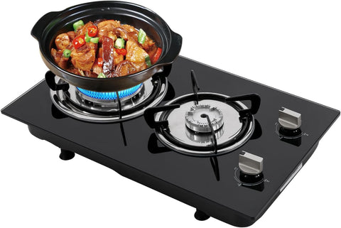 12in Gas Countertop Cooktop with 2 Burners Stovetop, Dual Fuel Ng/Lpg Convertible Gas with Tempered Glass and Cast Iron Grates for Home and Restaurants (20.47 * 12.6 in)