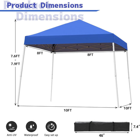 10x10FT Slant Leg Pop Up Canopy Tent, Portable Outdoor Shelter