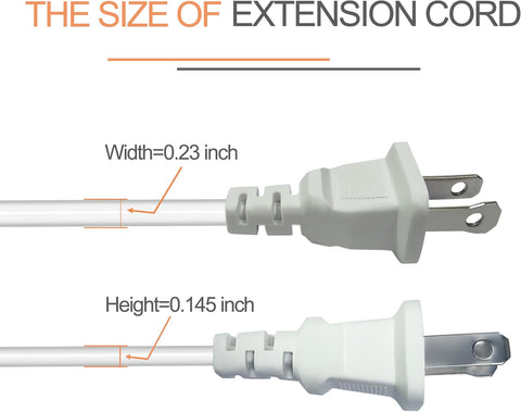 10 Foot Flat Extension Cord, White, 2 Prong 5A 625W (2 Pack)