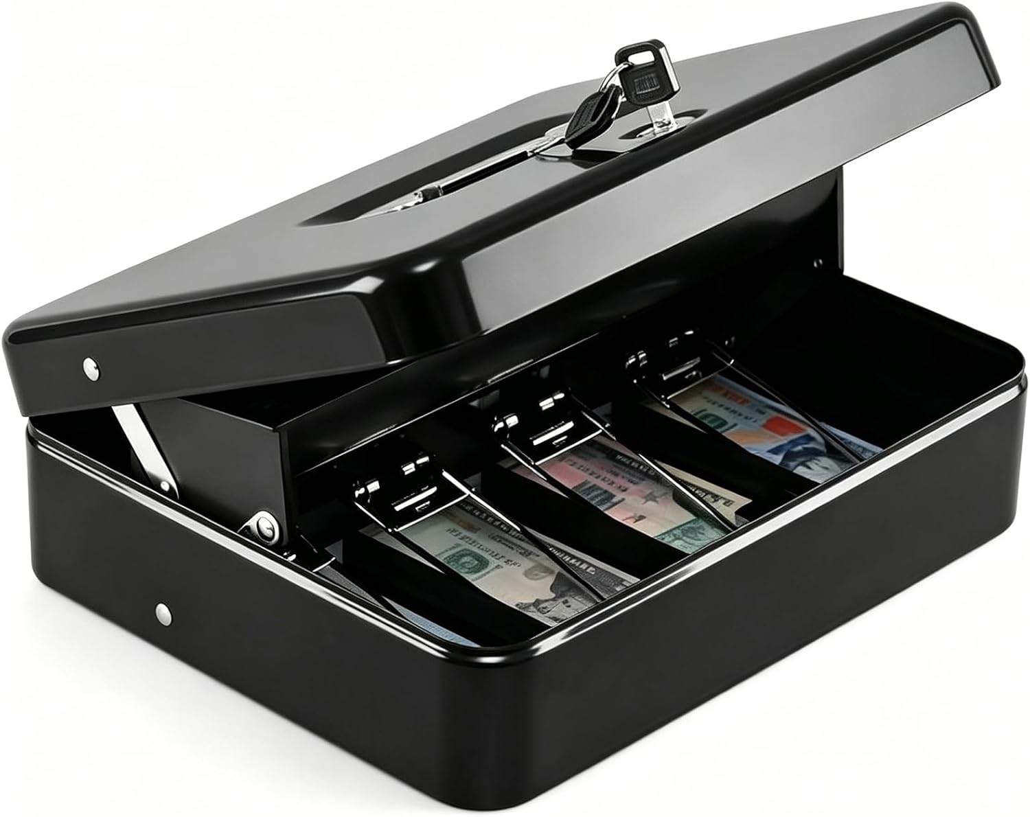 KYODOLED Cash Box with Top Key Lock–0.7mm Metal Money Box for Flea Market Vendors, Craft Fairs & Small Business, Portable Cash Drawer with Auto-Pop Coin Tray & Windproof Bill Clips (11.8", Black)