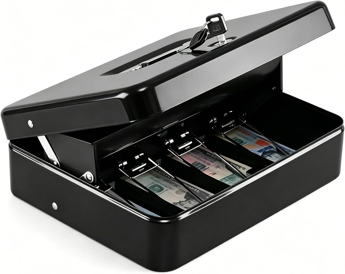 KYODOLED Cash Box with Top Key Lock–0.7mm Metal Money Box for Flea Market Vendors, Craft Fairs & Small Business, Portable Cash Drawer with Auto-Pop Coin Tray & Windproof Bill Clips (11.8", Black)