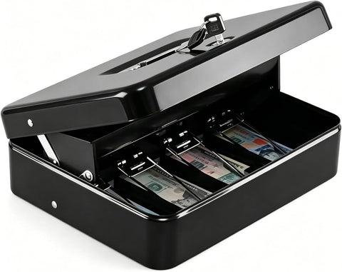 KYODOLED Cash Box with Top Key Lock–0.7mm Metal Money Box for Flea Market Vendors, Craft Fairs & Small Business, Portable Cash Drawer with Auto-Pop Coin Tray & Windproof Bill Clips (11.8", Black)