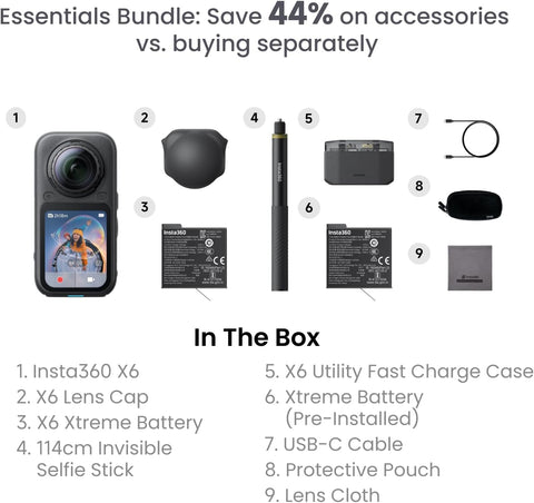 Insta360 X6 Essentials Bundle - 8K 360 Camera with 1/1.1'' Sensors