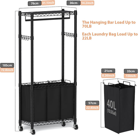Hodonas Rolling Laundry Basket with Wheels and Hanging Bar, Black