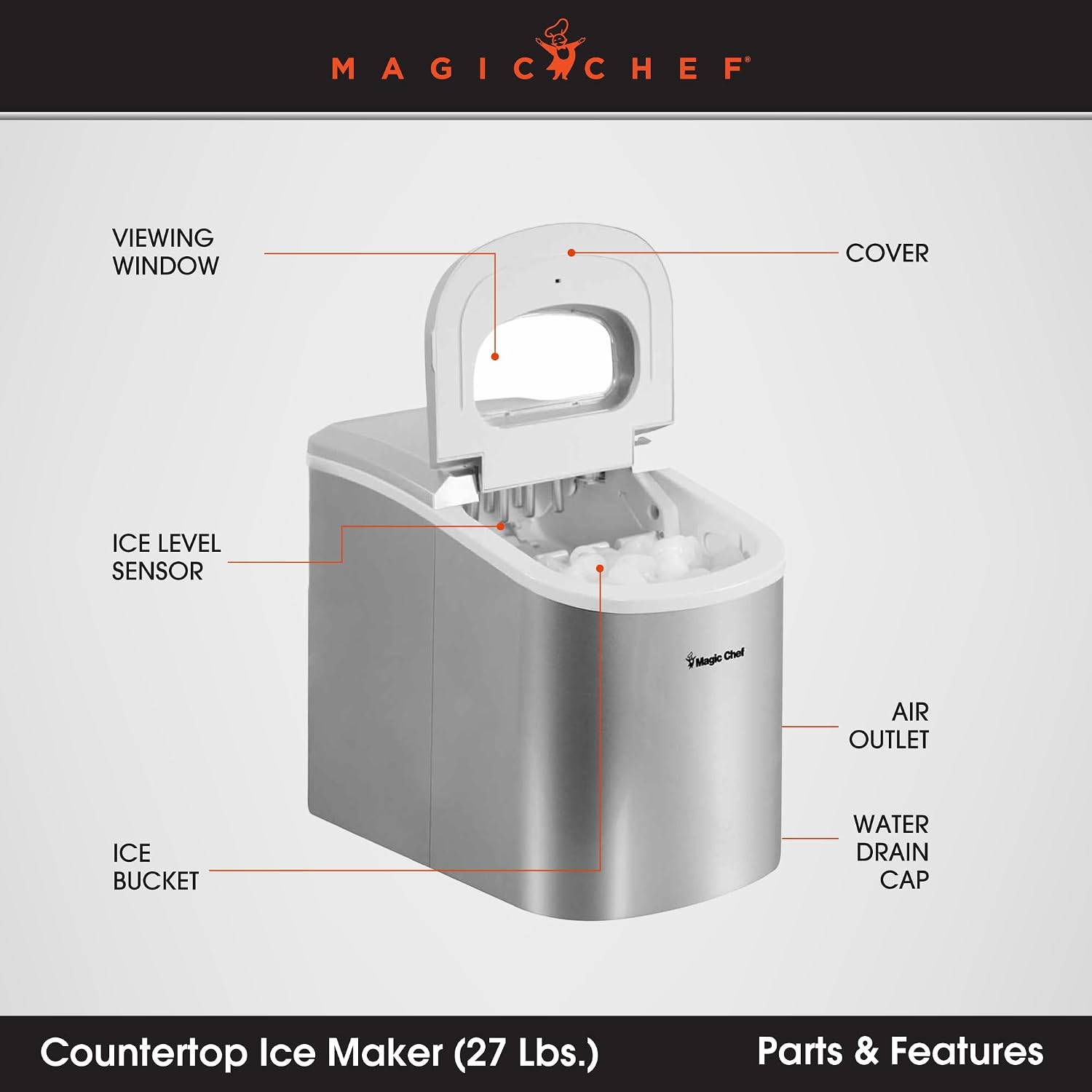 Magic Chef 27-Lb. Portable Ice Maker, Tabletop, Silver