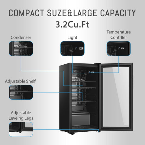 HAILANG 3.2 Cu.Ft Beverage Refrigerator, Mini Fridge with Glass Door, Black