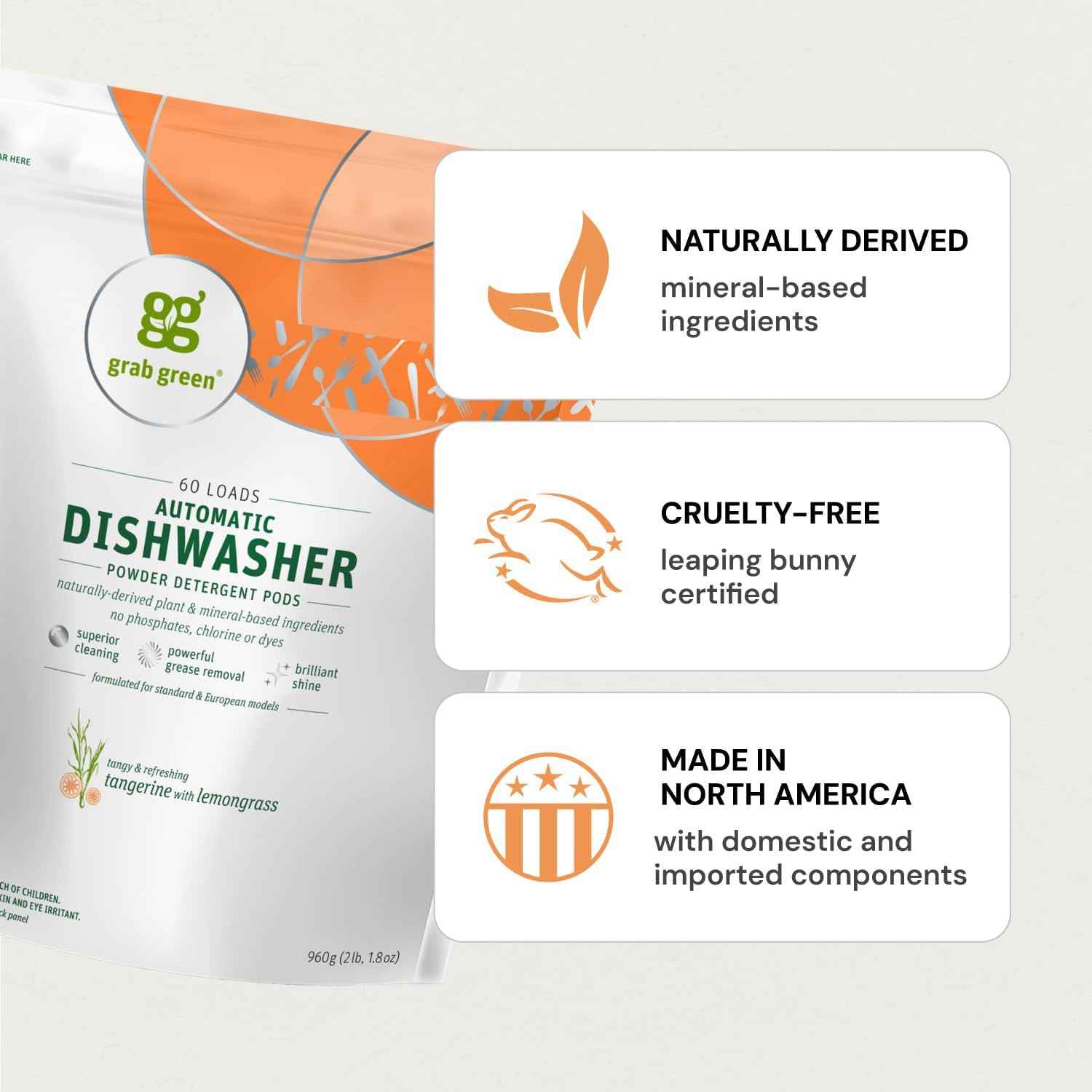 Grab Green Dishwasher Pods, 132 Count, Tangerine Lemongrass | Plant & mineral based; Enzyme-powered; Velcro Closure; No Harsh Chemicals; Removes Grease and Stuck on Food