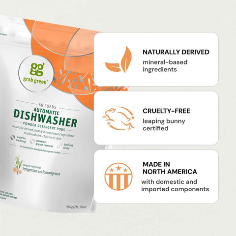 Grab Green Dishwasher Pods, 132 Count, Tangerine Lemongrass | Plant & mineral based; Enzyme-powered; Velcro Closure; No Harsh Chemicals; Removes Grease and Stuck on Food