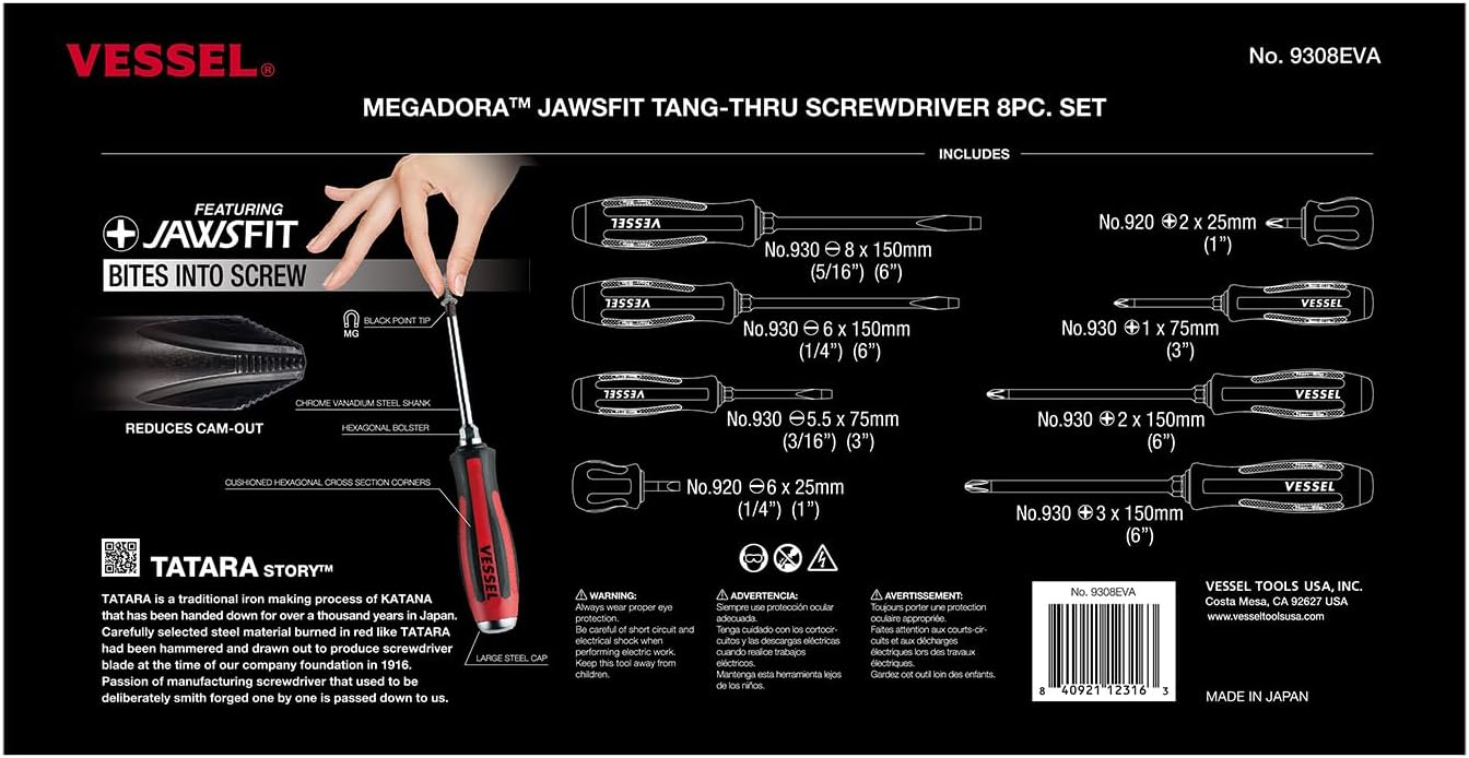 VESSEL MEGADORA Tang-Thru Screwdriver 8PC. Set (EVA foam)