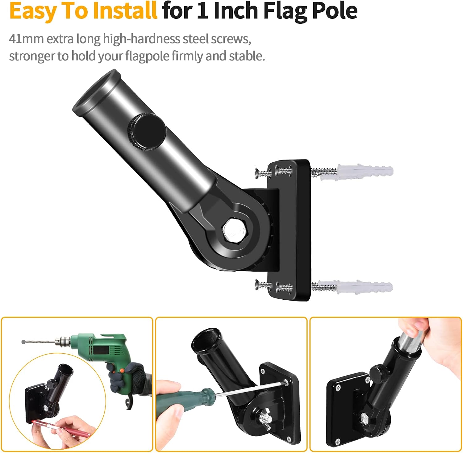 Flag Pole Holder Brackets, BONWIN 1" Flag Pole Mounting Bracket with Hardwares for House Wall Porch, 1" Inner Diameter, 180° Adjustable Multi Positions, Aluminium Alloy(2 Pack Black, Multi-Positions)