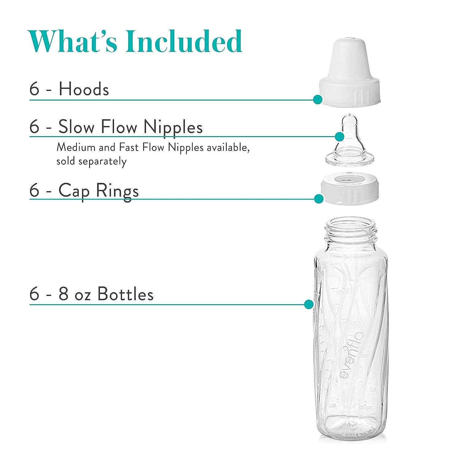 Evenflo Feeding Classic Glass Twist Bottles, 8 Ounce (Pack of 6),Clear,1018611
