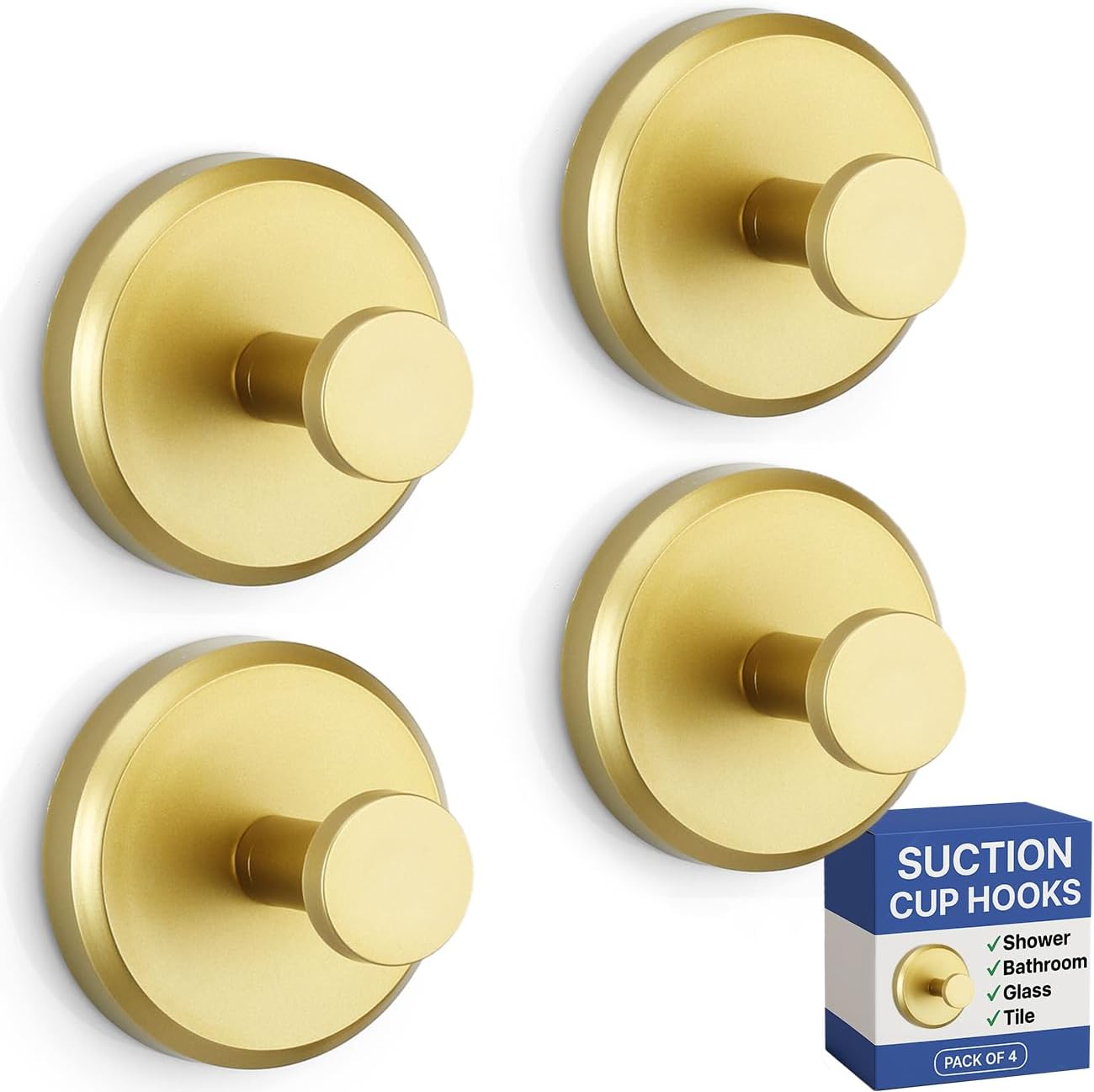 HOME SO Suction Cup Hooks for Shower & Bathroom Towel Holder 4-Pack Gold