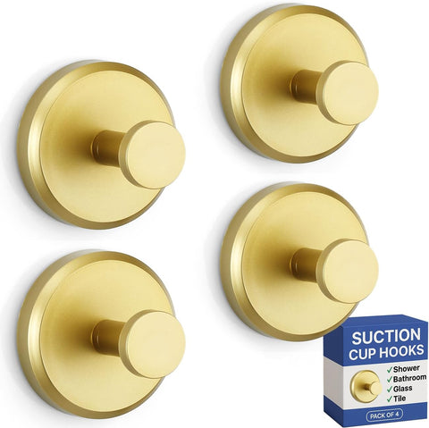 HOME SO Suction Cup Hooks for Shower & Bathroom Towel Holder 4-Pack Gold